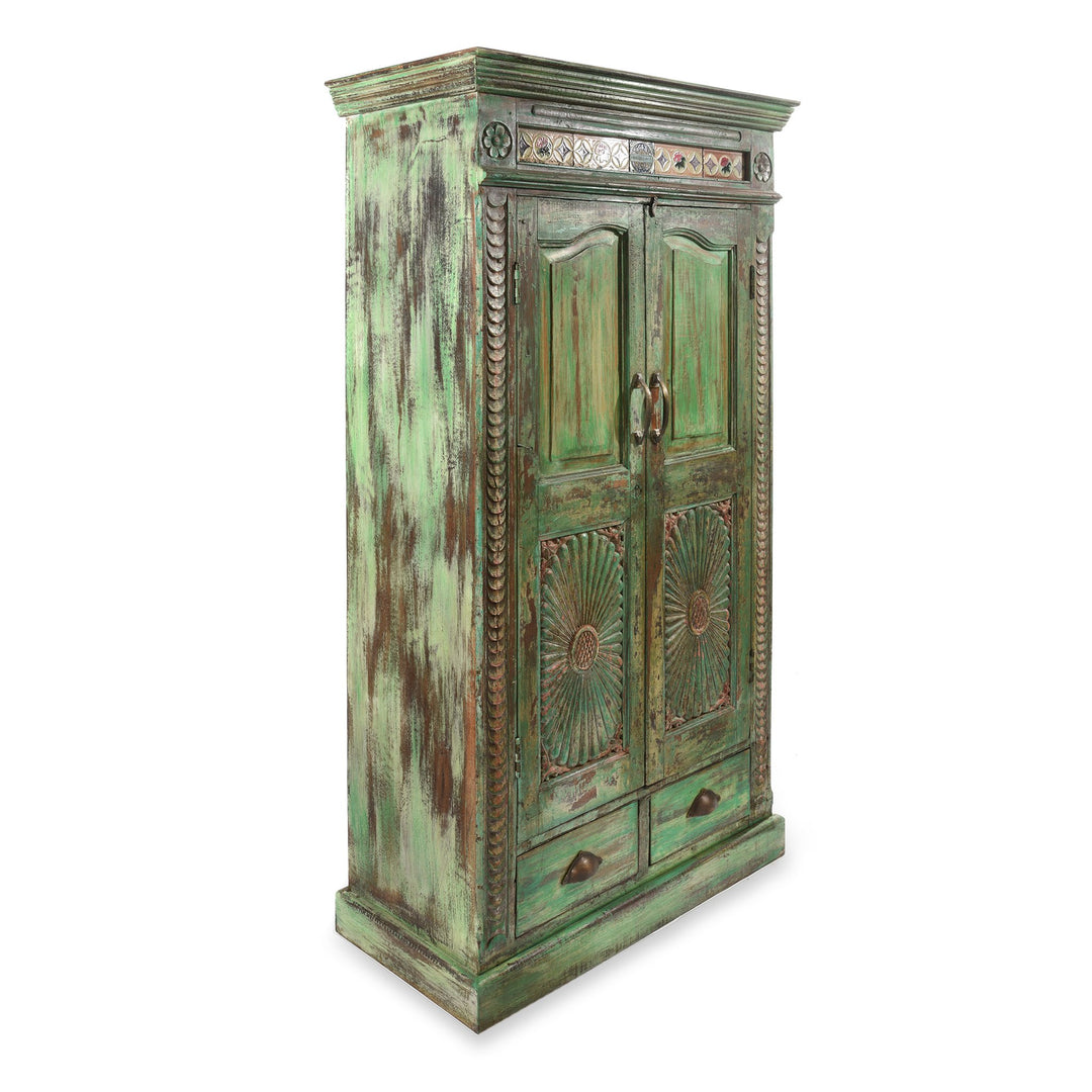 Green Painted & Carved Indian Almirah Cabinet With Sunburst Panels and Japanese Tiles - 19thC | Indigo Antiques