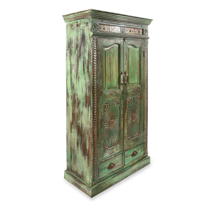 Green Painted & Carved Indian Almirah Cabinet With Sunburst Panels and Japanese Tiles - 19thC | Indigo Antiques