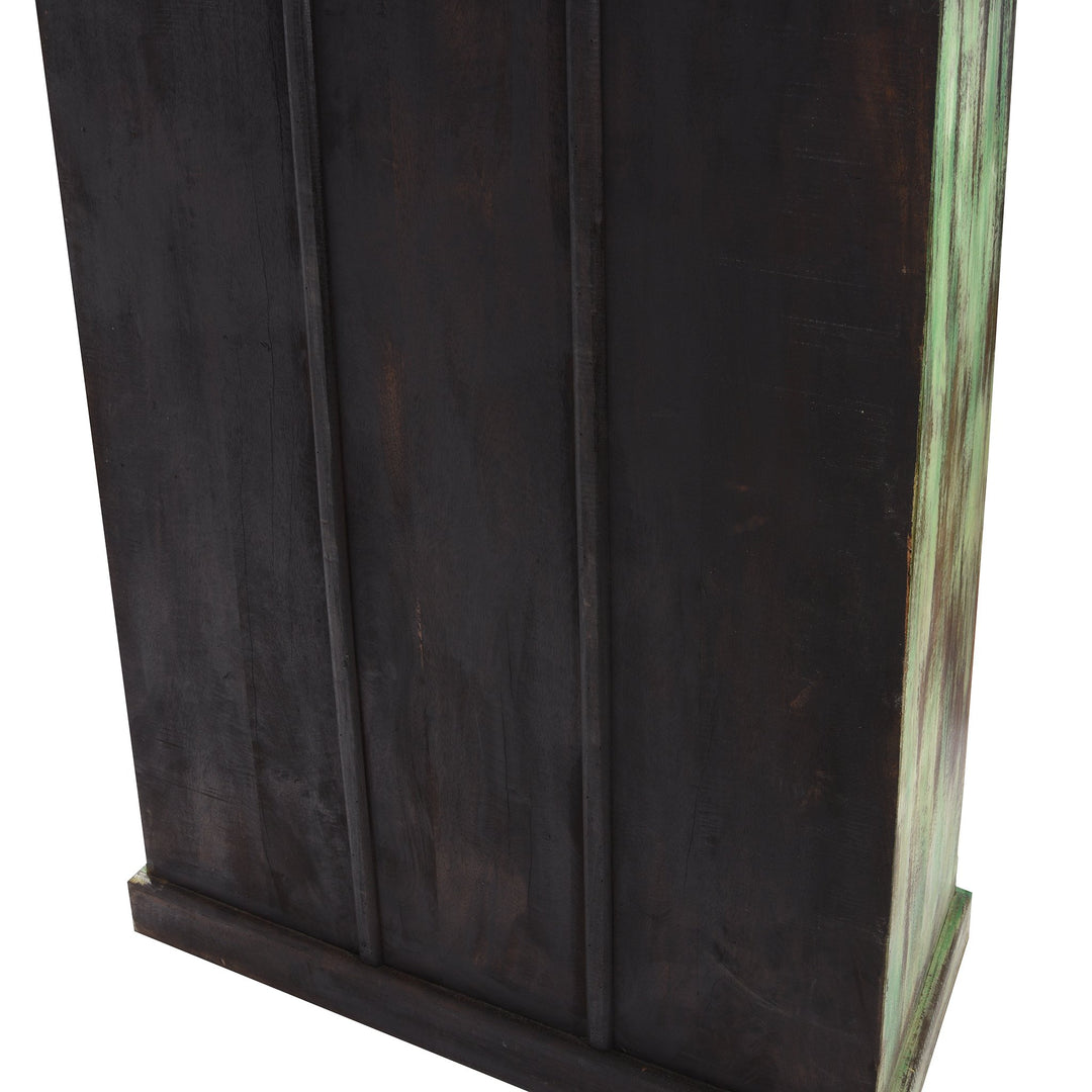 Green Painted & Carved Indian Almirah Cabinet With Sunburst Panels and Japanese Tiles - 19thC | Indigo Antiques