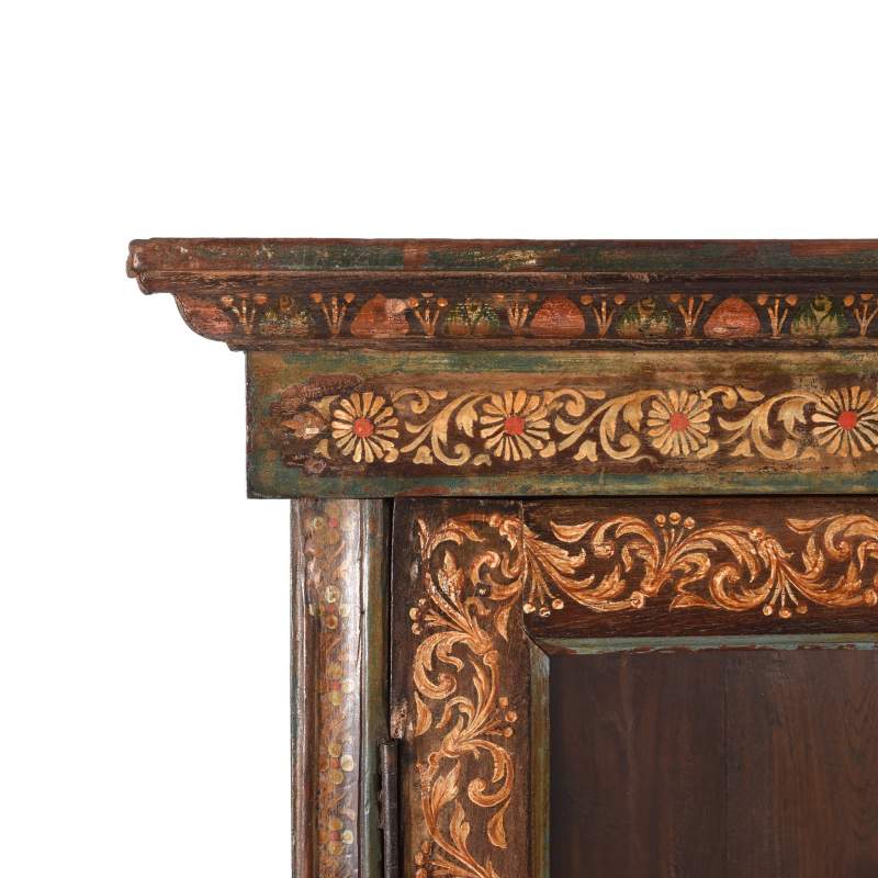Painting detail from a green and cream painted antique Indian cabinet from Maharashtra dating from the 19th century | Indigo Antiques 