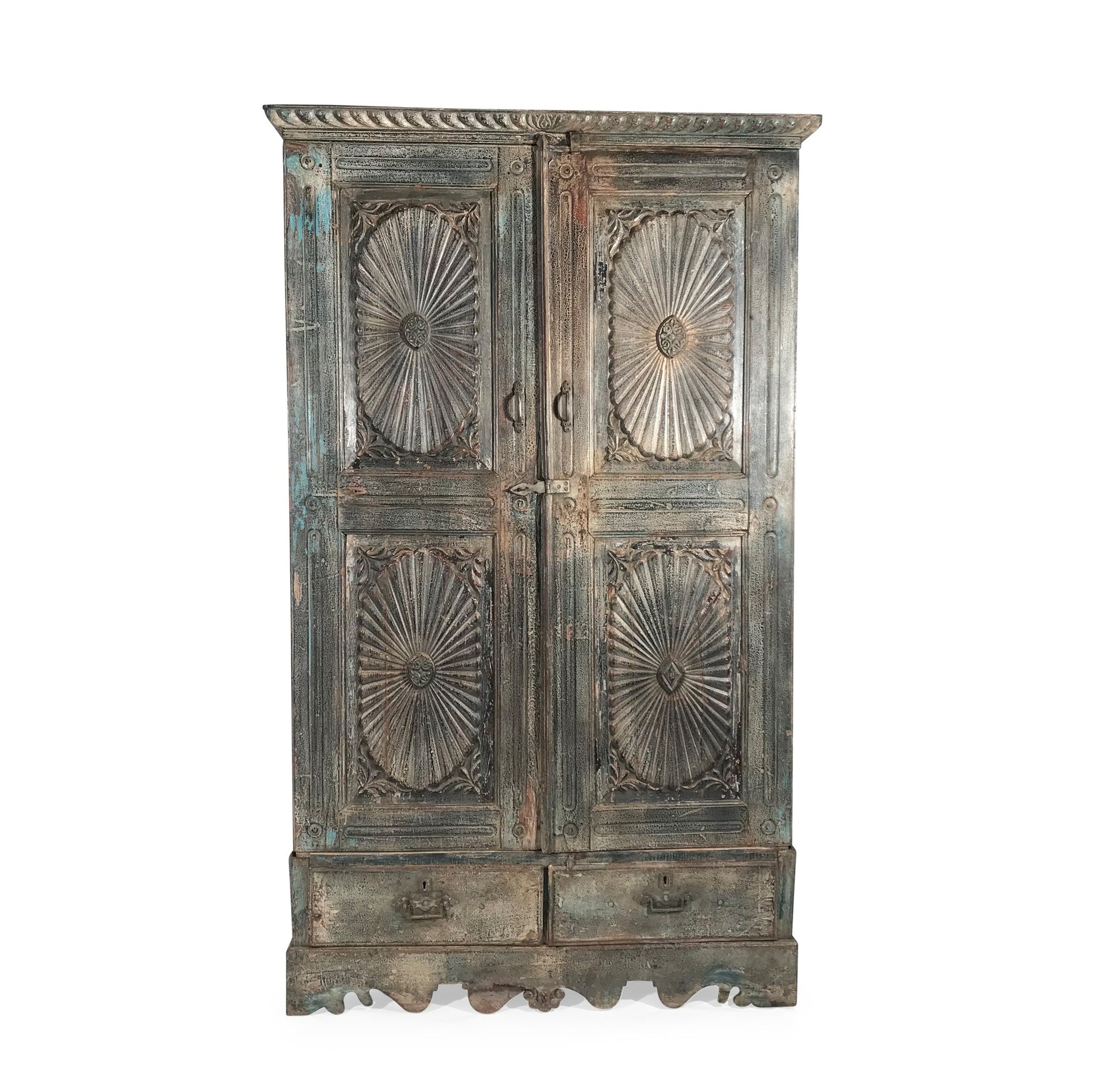 Carved Teak Cabinet With Sunburst Panels - 19thC - 110 x 41 x 183 (wxdxh cms) - A6223