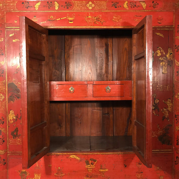 Red Lacquer Wedding Cabinet From Shanxi - 19thC
