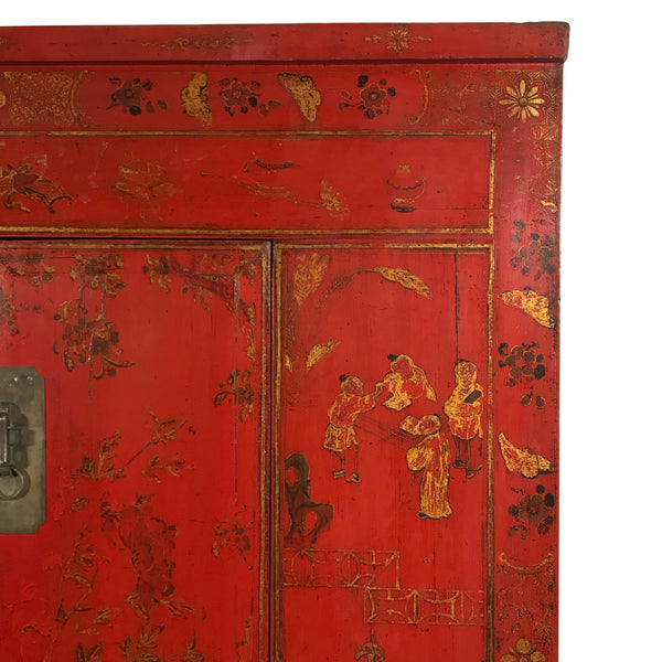 Red Lacquer Wedding Cabinet From Shanxi - 19thC