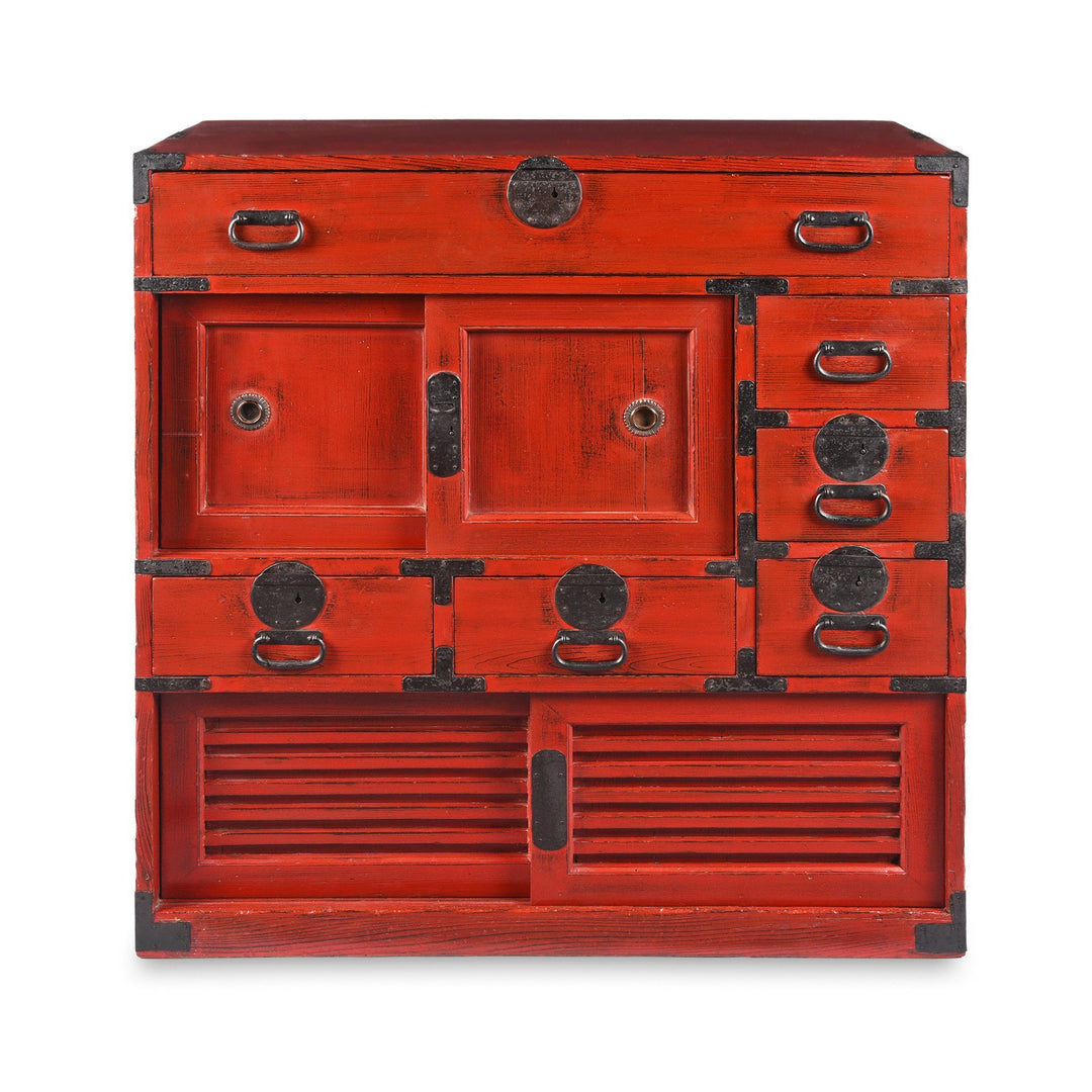 Red Painted Japanese Choba Dansu Tansu Chest - Taishō Period | Indigo Antiques