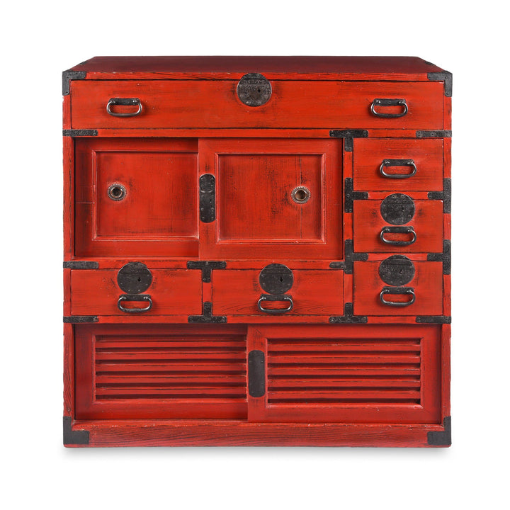 Red Painted Japanese Choba Dansu Tansu Chest - Taishō Period | Indigo Antiques