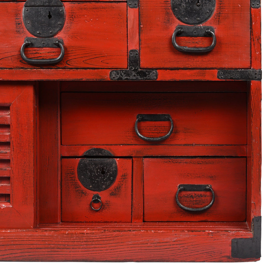 Hidden drawer detail of a Red Painted Japanese Choba Dansu Tansu Chest - Taishō Period | Indigo Antiques