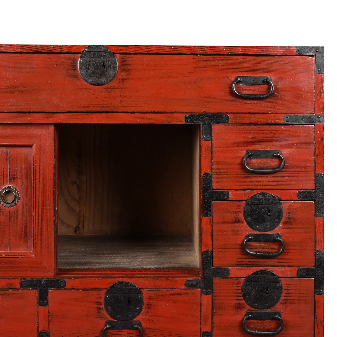 Top sliding door from a Red Painted Japanese Choba Dansu Tansu Chest - Taishō Period | Indigo Antiques