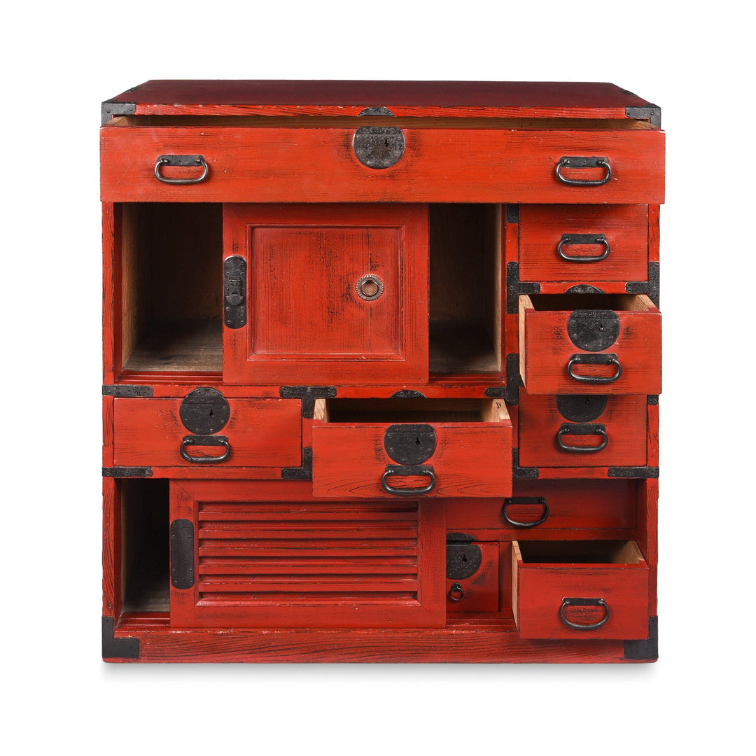 Open detail of a Red Painted Japanese Choba Dansu Tansu Chest - Taishō Period | Indigo Antiques