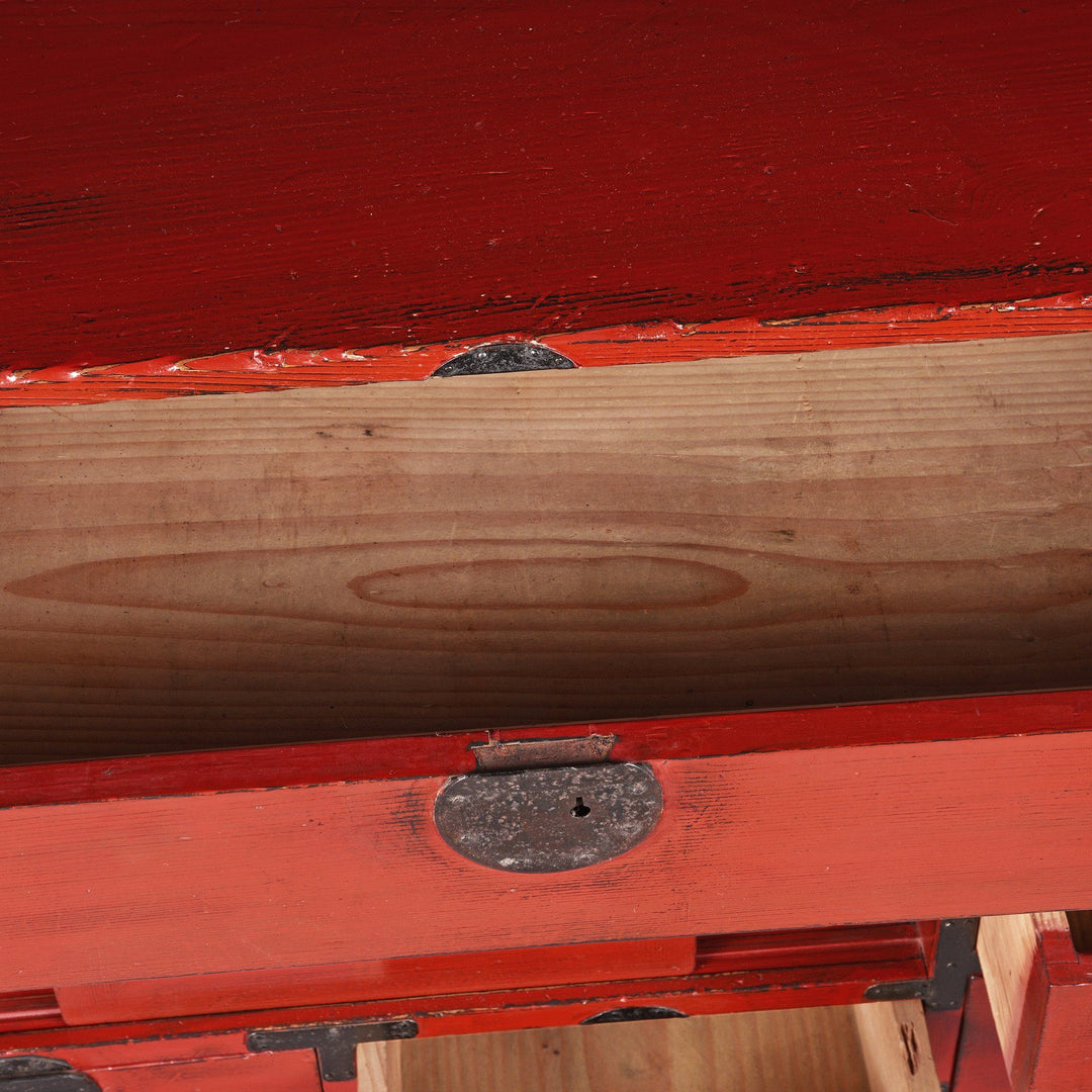 Open detail of a Red Painted Japanese Choba Dansu Tansu Chest - Taishō Period | Indigo Antiques