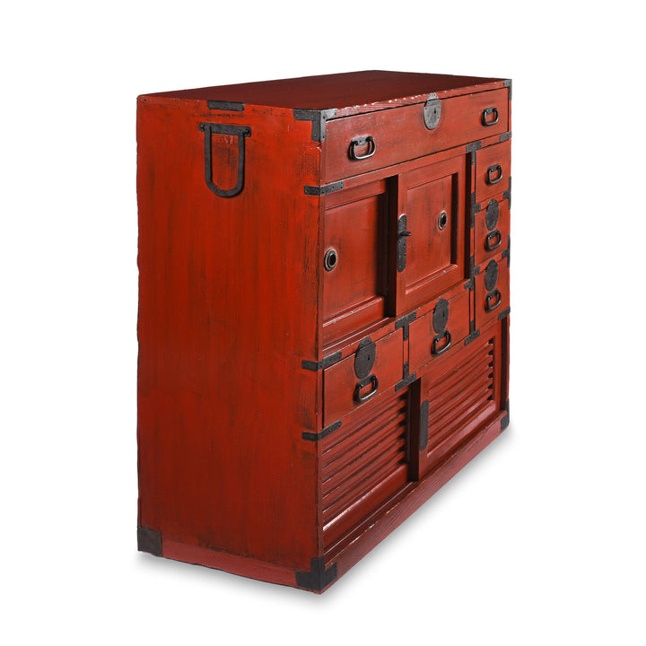 Side detail of a Red Painted Japanese Choba Dansu Tansu Chest - Taishō Period | Indigo Antiques