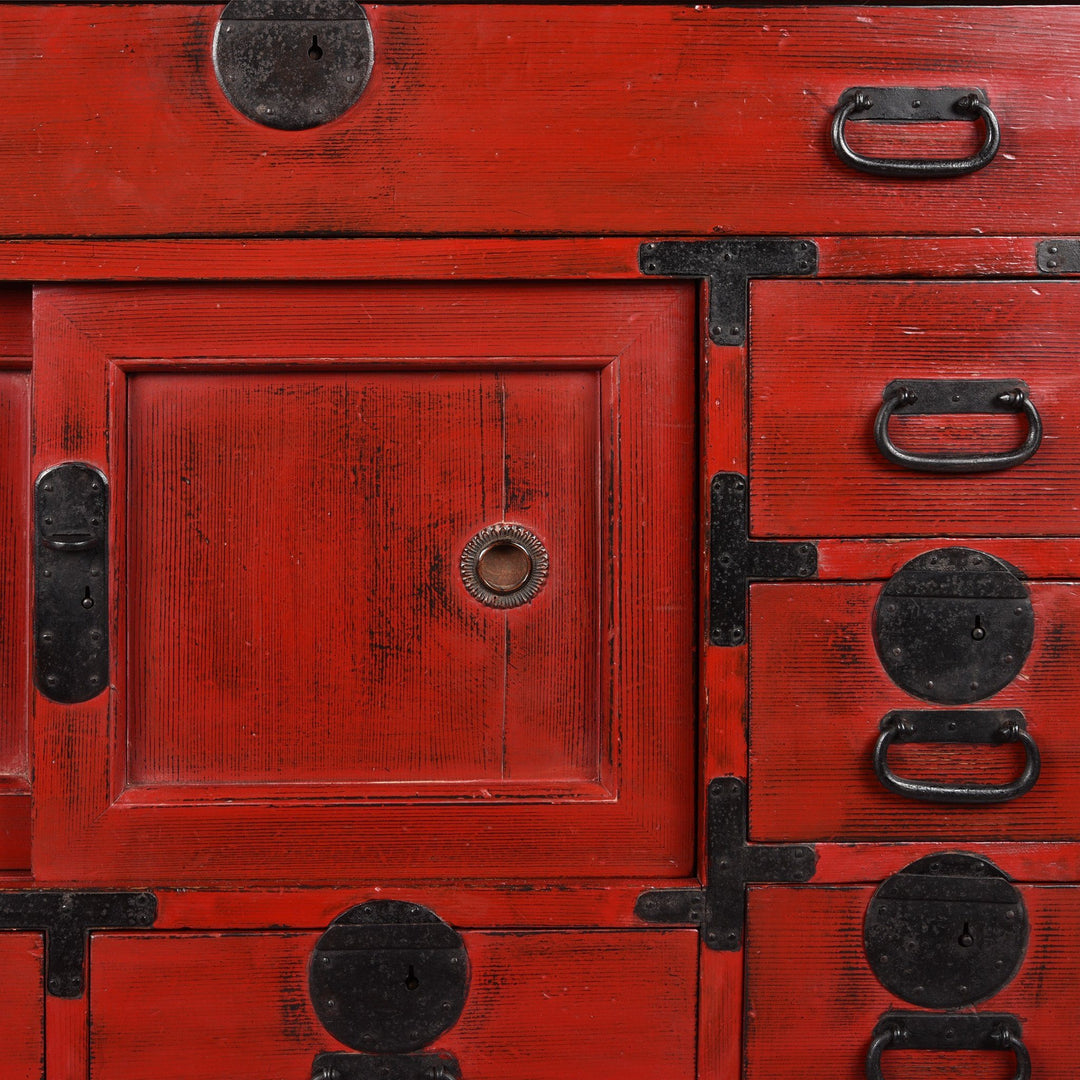 Red Painted Japanese Choba Dansu Tansu Chest - Taishō Period | Indigo Antiques
