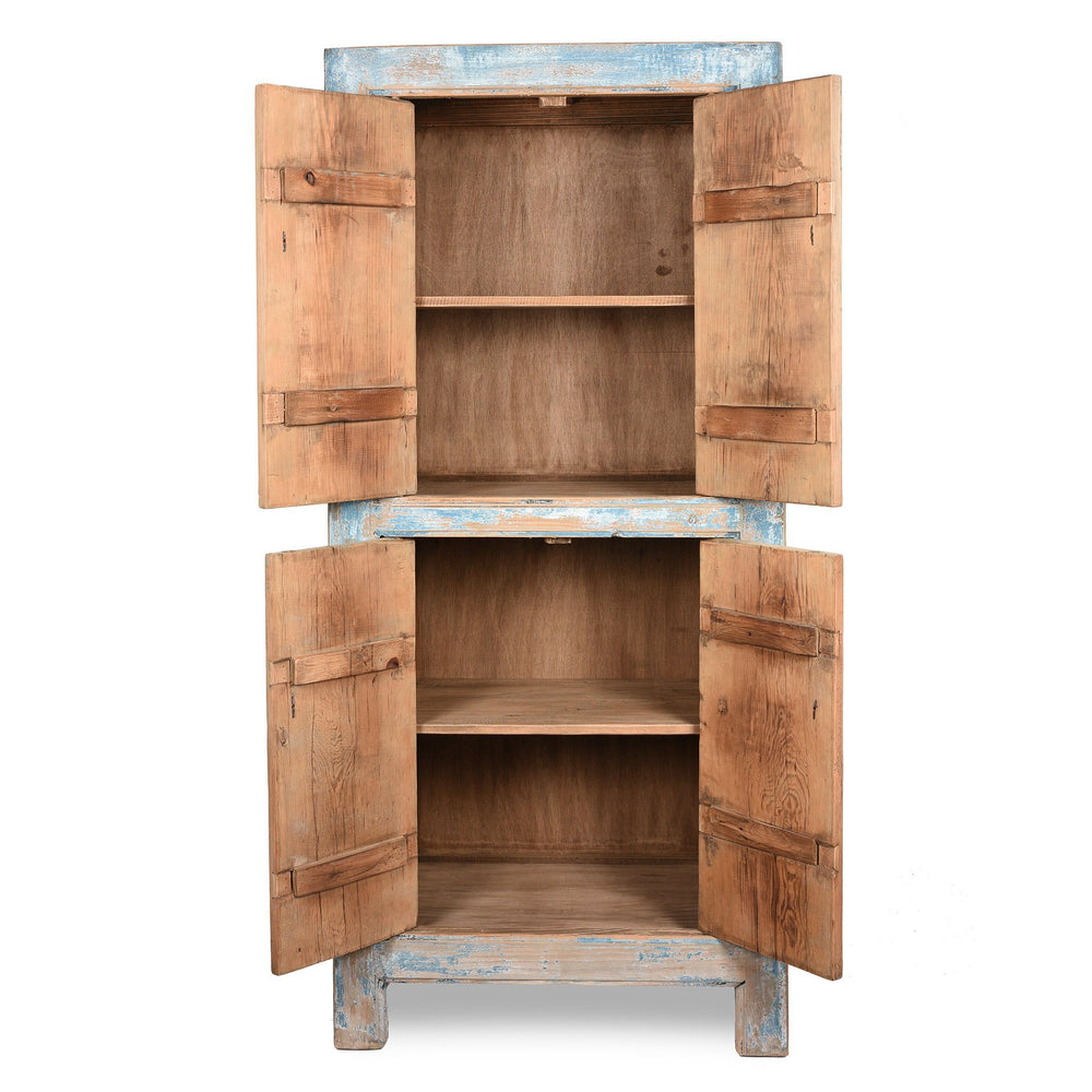 Interior Of Tall Blue Cabinet Made From Old Painted Pine | Indigo Antiques