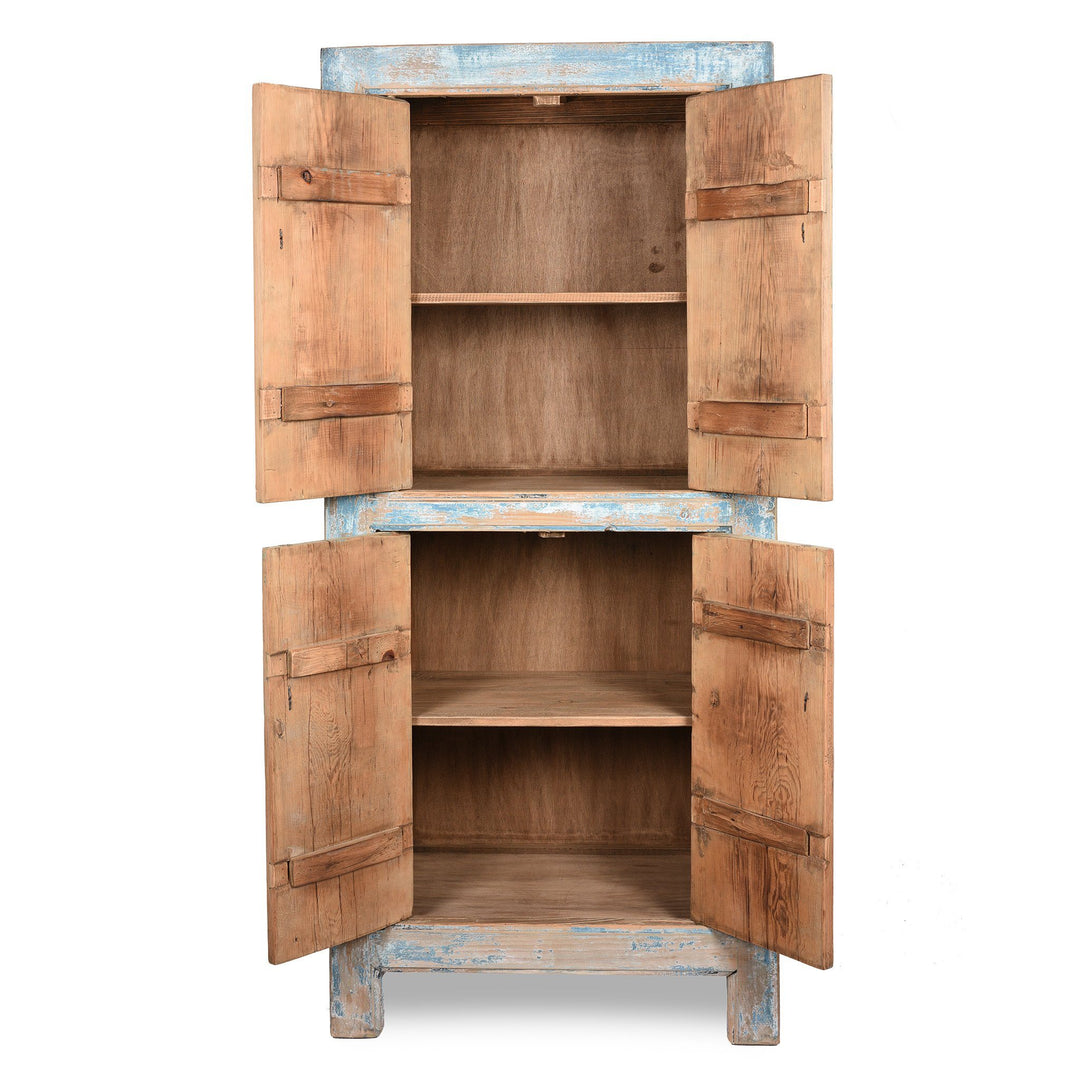 Interior Of Tall Blue Cabinet Made From Old Painted Pine | Indigo Antiques