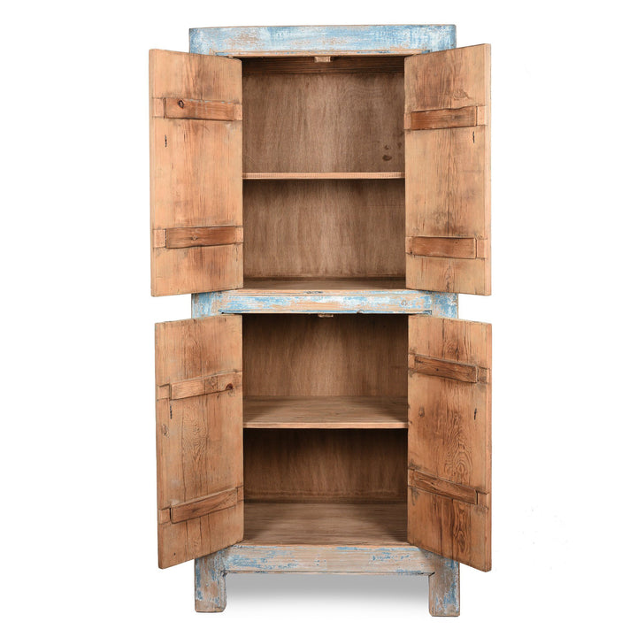 Interior Of Tall Blue Cabinet Made From Old Painted Pine | Indigo Antiques