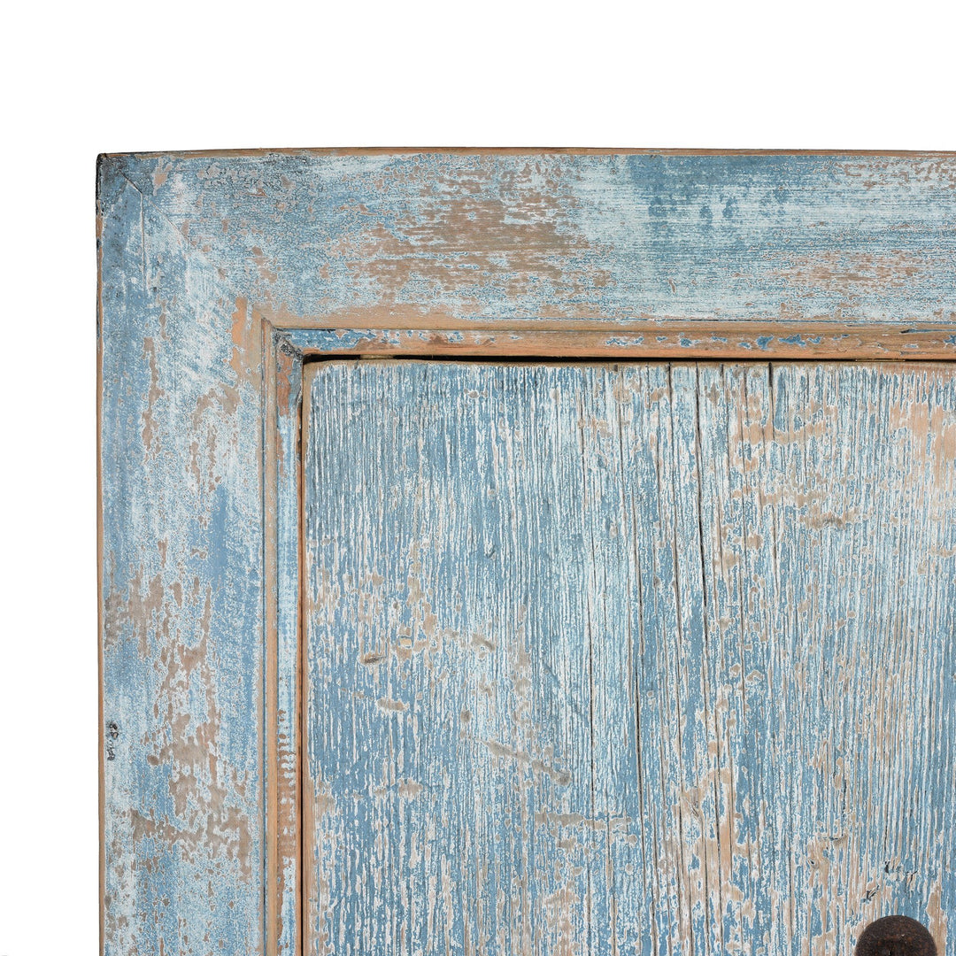 Corner Detail From Tall Blue Cabinet Made From Old Painted Pine | Indigo Antiques