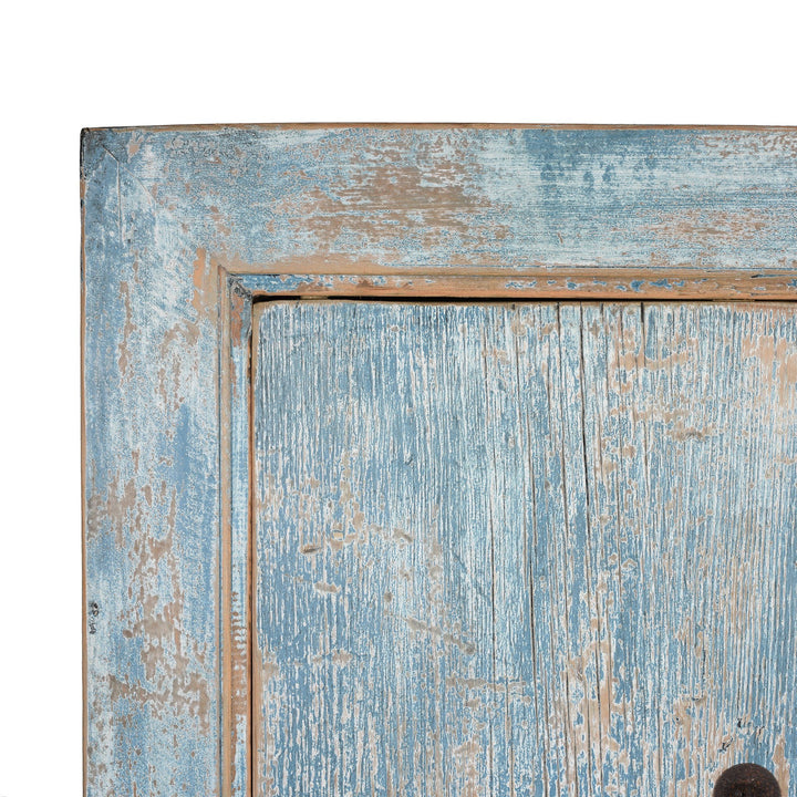 Corner Detail From Tall Blue Cabinet Made From Old Painted Pine | Indigo Antiques