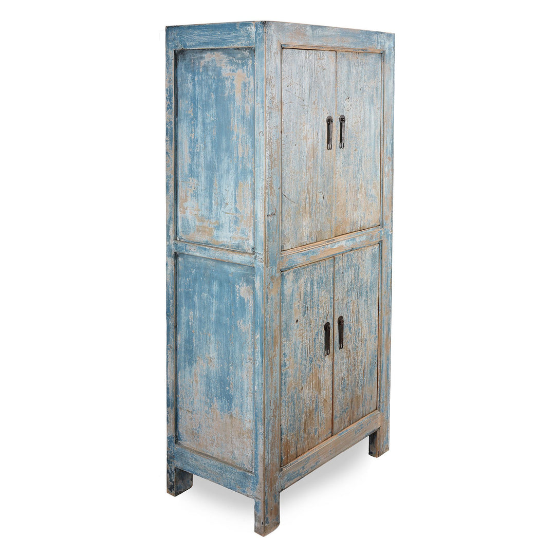 Corner View Of Tall Blue Cabinet Made From Old Painted Pine | Indigo Antiques
