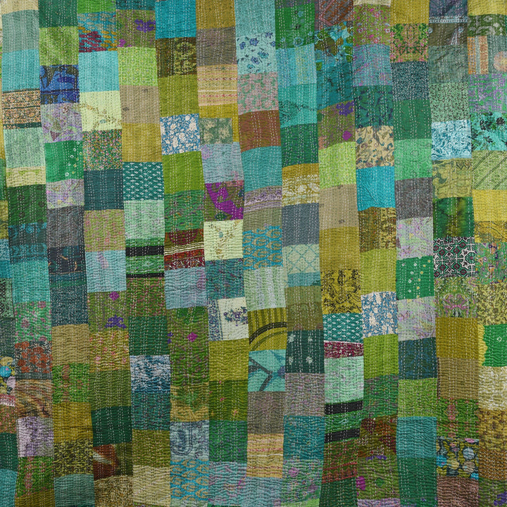 Green Silk & Cotton Indian Patola Sari Bedspread Throw (King Size) | Indigo Antiques