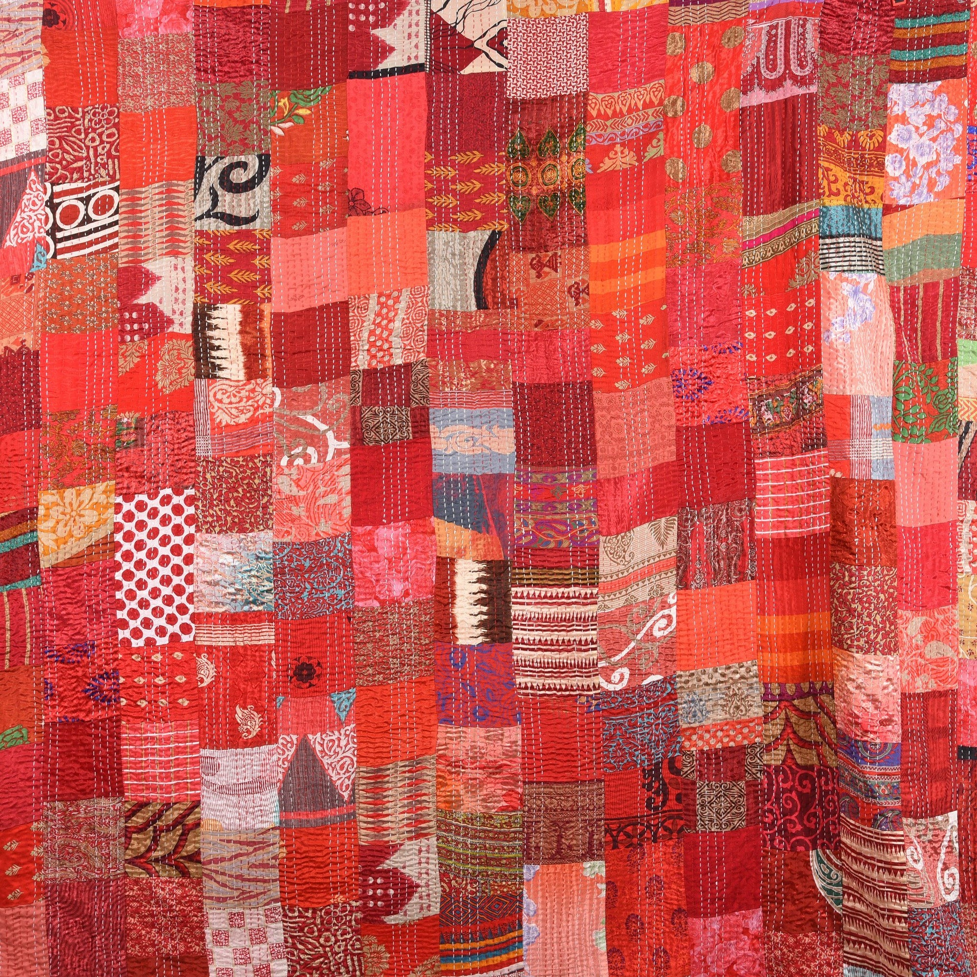 Red Silk & Cotton Indian Patola Sari Bedspread Throw (King Size) | Indigo Antiques