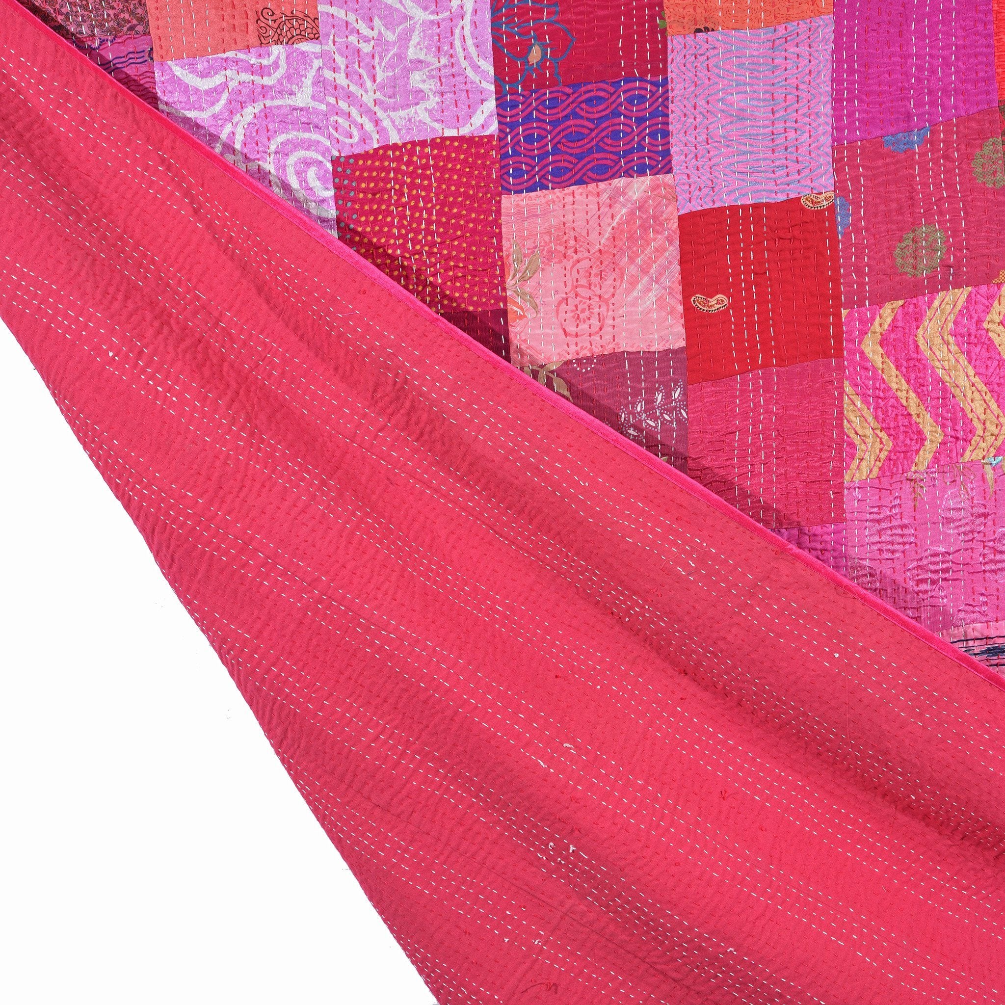 Pink Silk & Cotton Indian Patola Sari Bedspread Throw (King Size) | Indigo Antiques