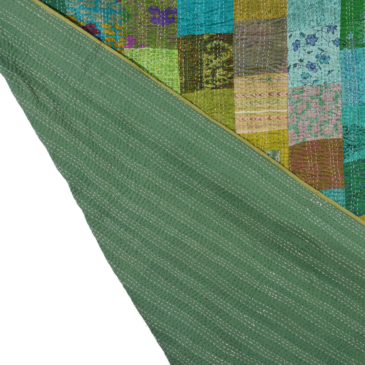 Green Silk &amp; Cotton Indian Patola Sari Bedspread Throw (King Size) | Indigo Antiques