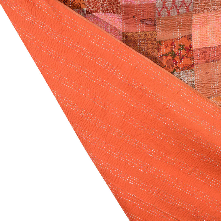 Orange Silk & Cotton Indian Patola Sari Bedspread Throw (King Size) | Indigo Antiques