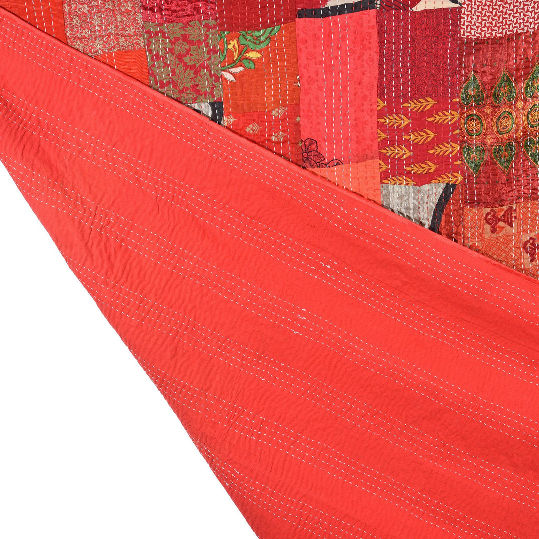 Red Silk & Cotton Indian Patola Sari Bedspread Throw (King Size) | Indigo Antiques