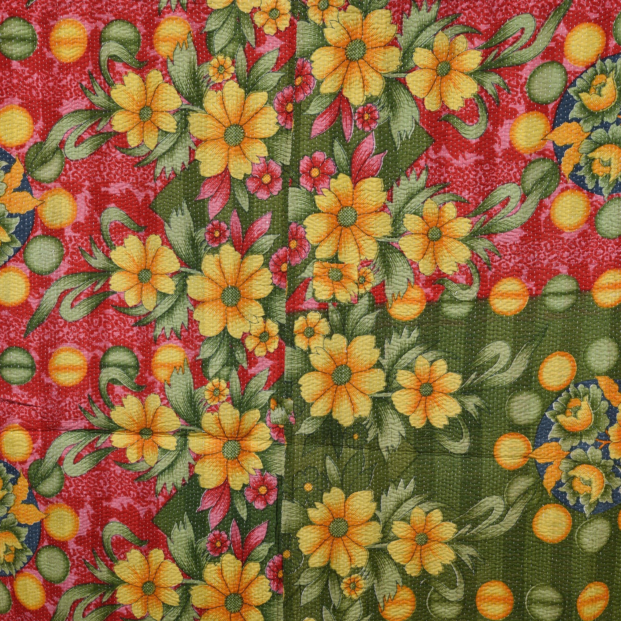 Vintage Indian Yellow & Red Floral Bengali Kantha Throw | Indigo Antiques