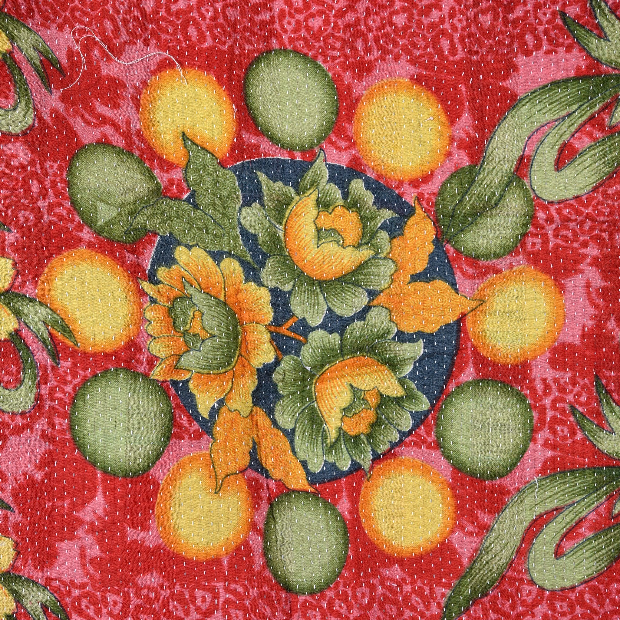 Vintage Indian Yellow & Red Floral Bengali Kantha Throw | Indigo Antiques