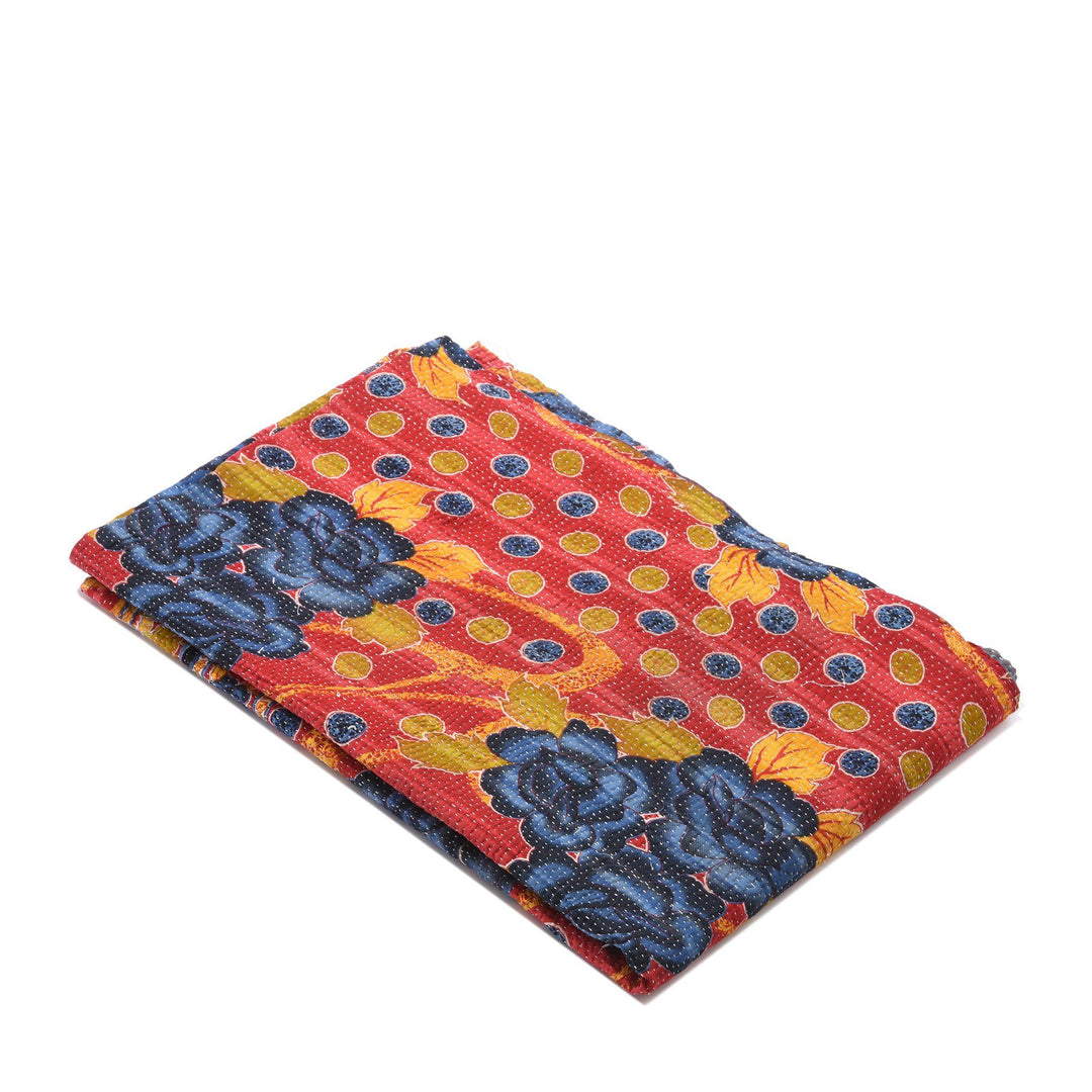 Vintage Indian Bengali Red Blue & Yellow Floral Kantha Throw | Indigo Antiques