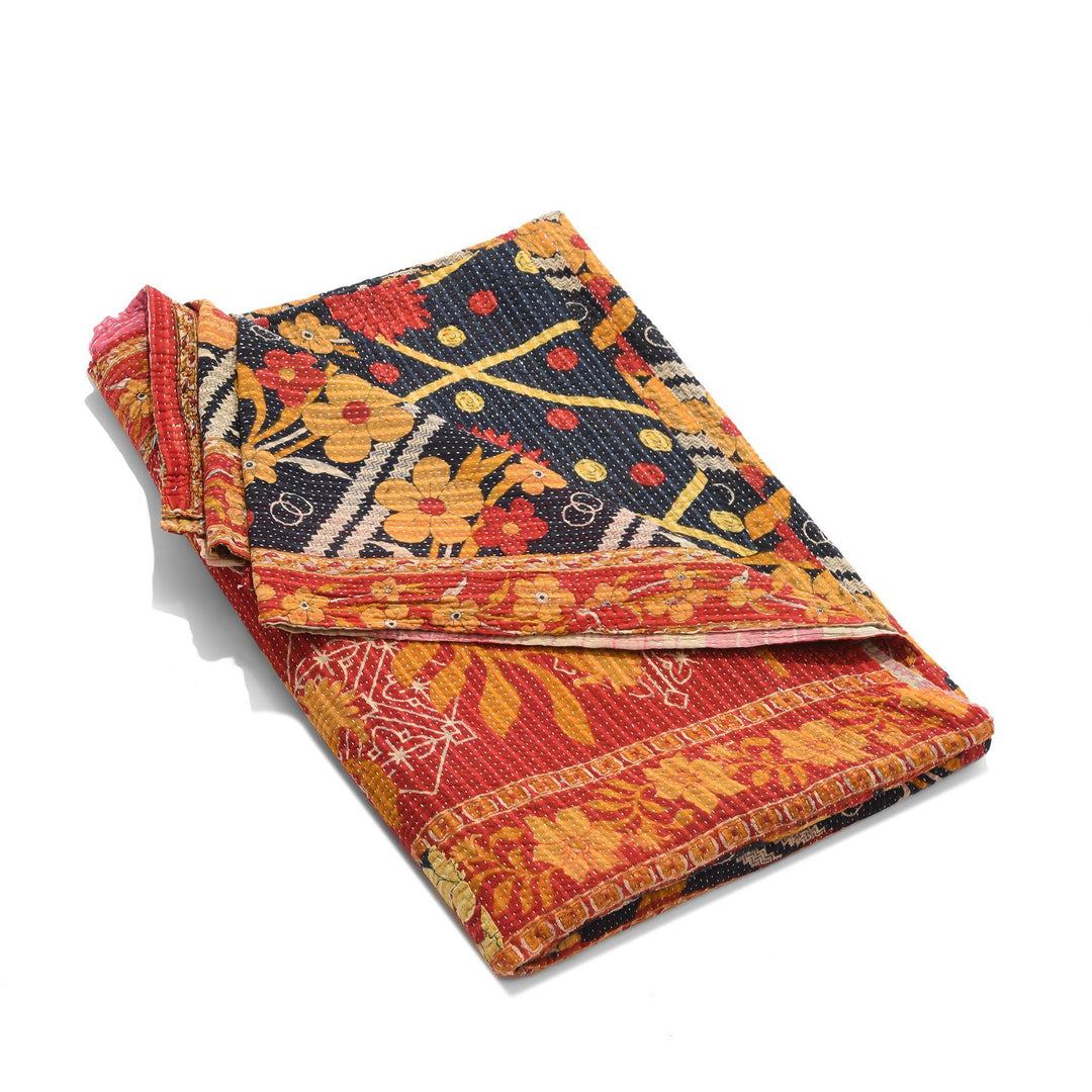 Vintage Indian Bengali Red & Black Floral Kantha Throw | Indigo Antiques