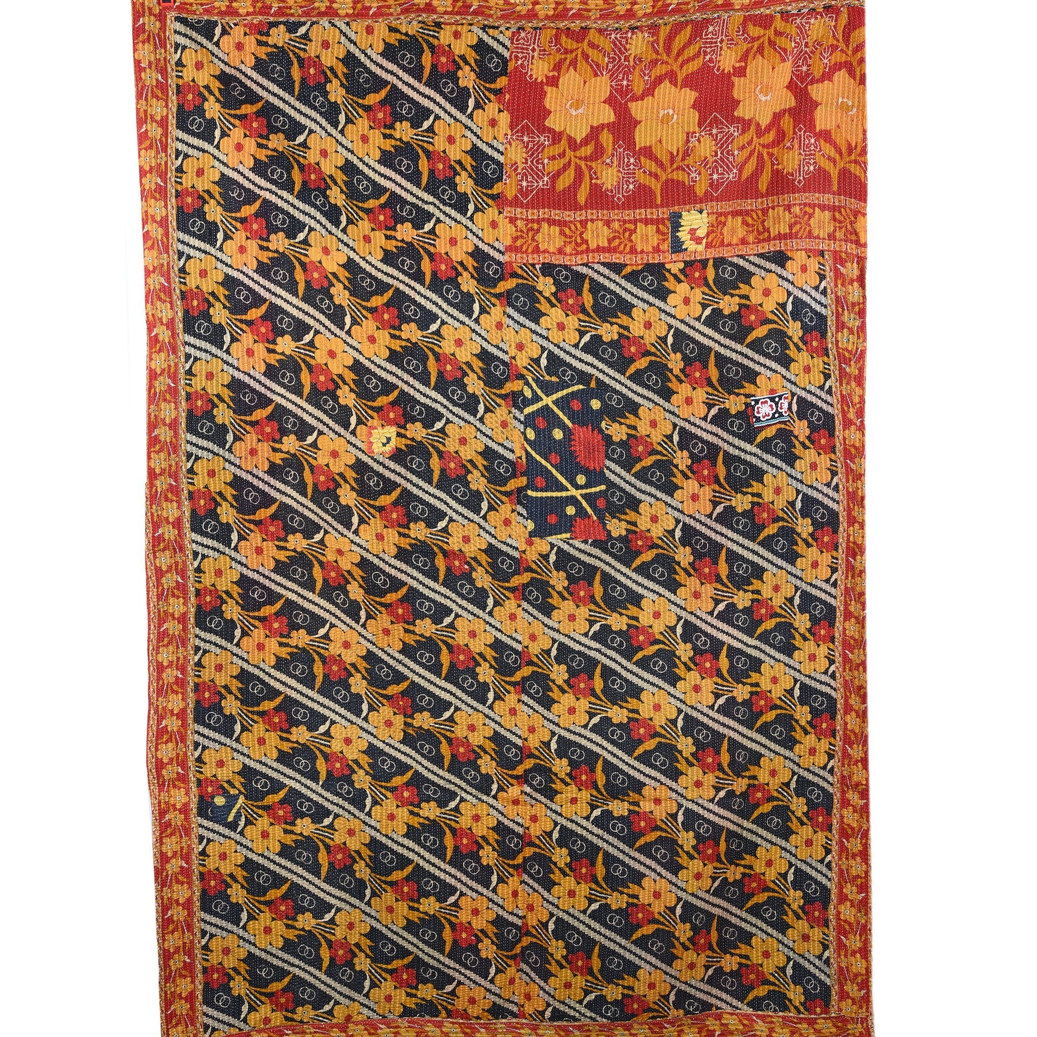 Vintage Indian Bengali Red & Black Floral Kantha Throw | Indigo Antiques