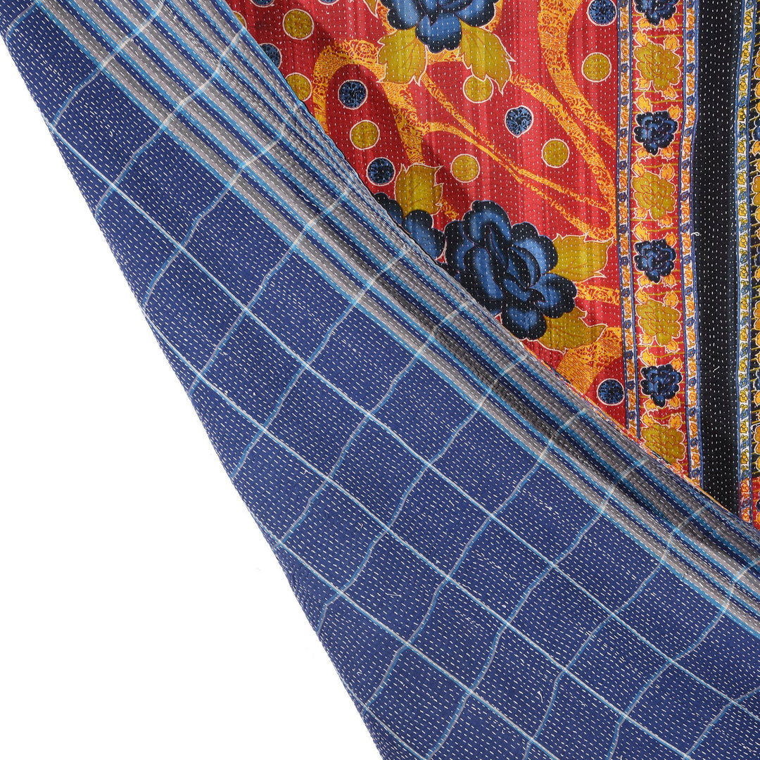 Vintage Indian Bengali Red Blue & Yellow Floral Kantha Throw | Indigo Antiques