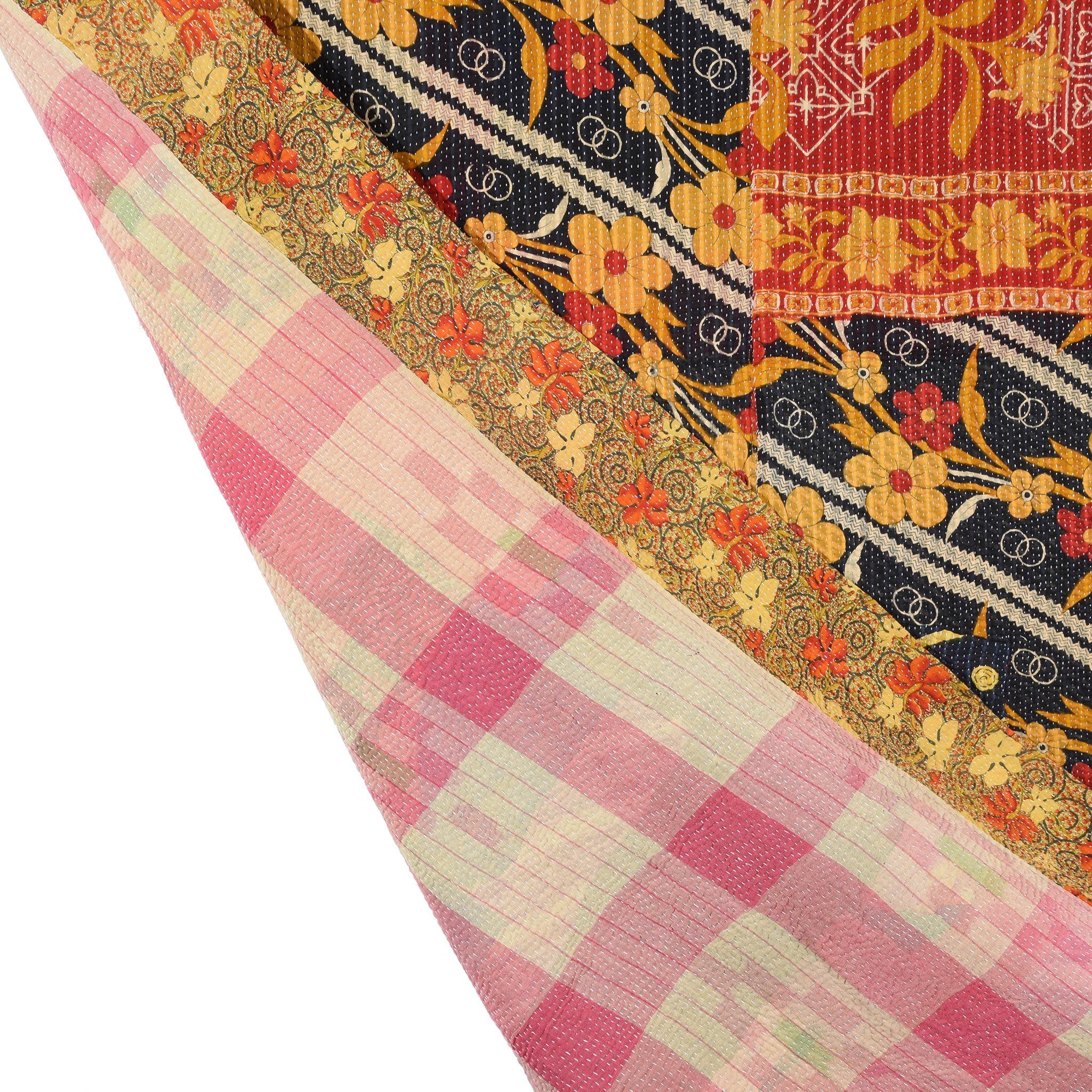 Vintage Indian Bengali Red & Black Floral Kantha Throw | Indigo Antiques