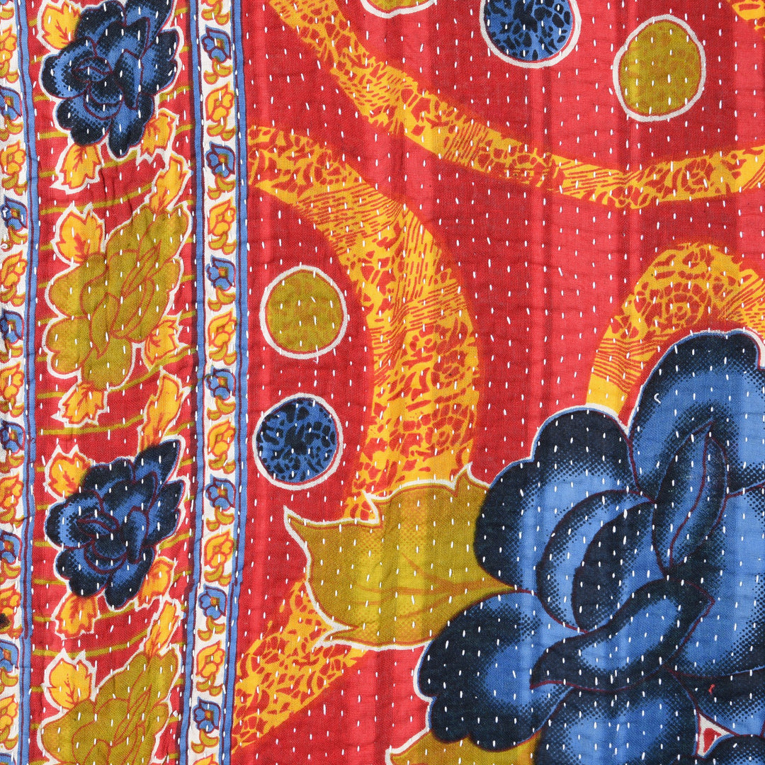 Vintage Indian Bengali Red Blue & Yellow Floral Kantha Throw | Indigo Antiques