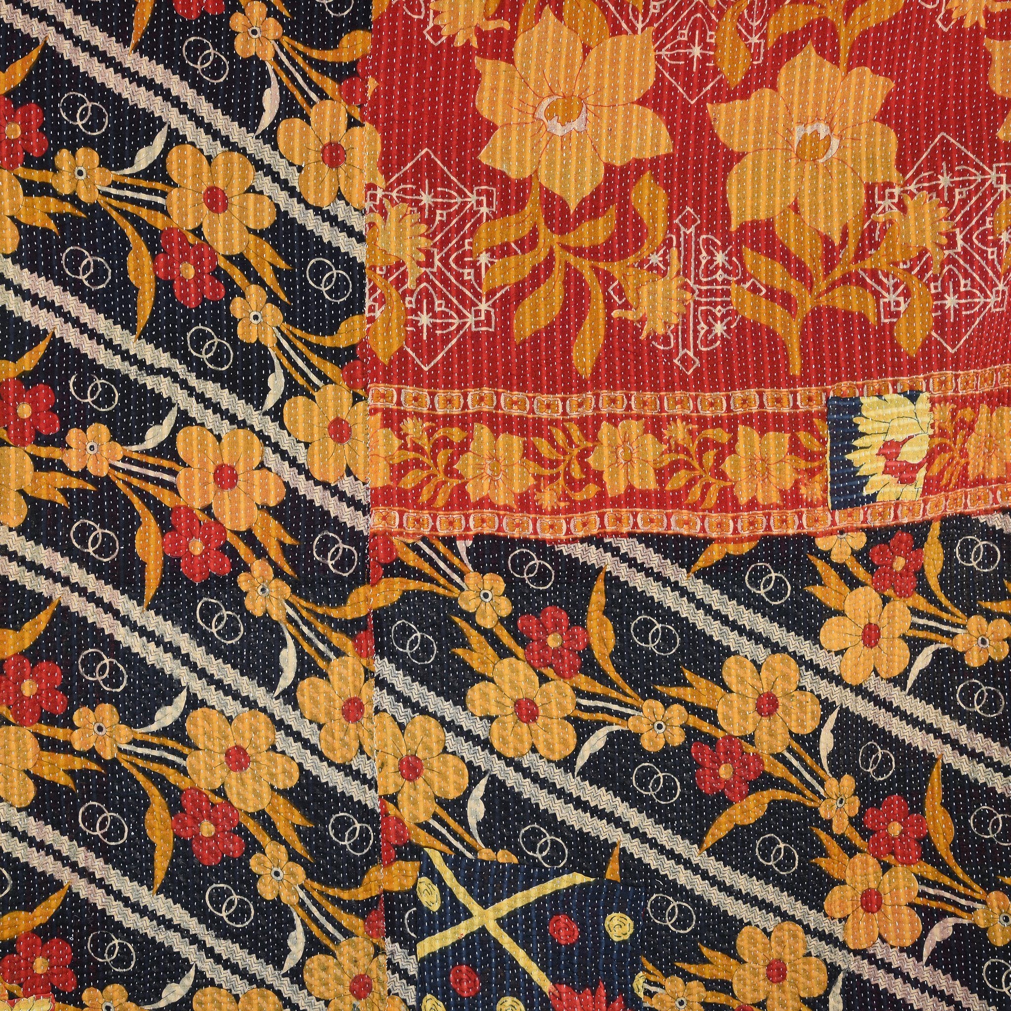 Vintage Indian Bengali Red & Black Floral Kantha Throw | Indigo Antiques