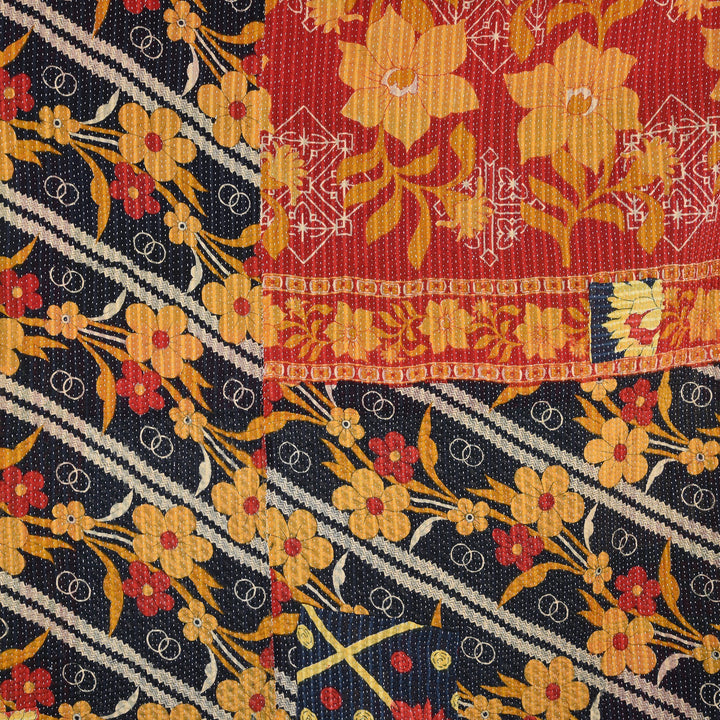 Vintage Indian Bengali Red & Black Floral Kantha Throw | Indigo Antiques