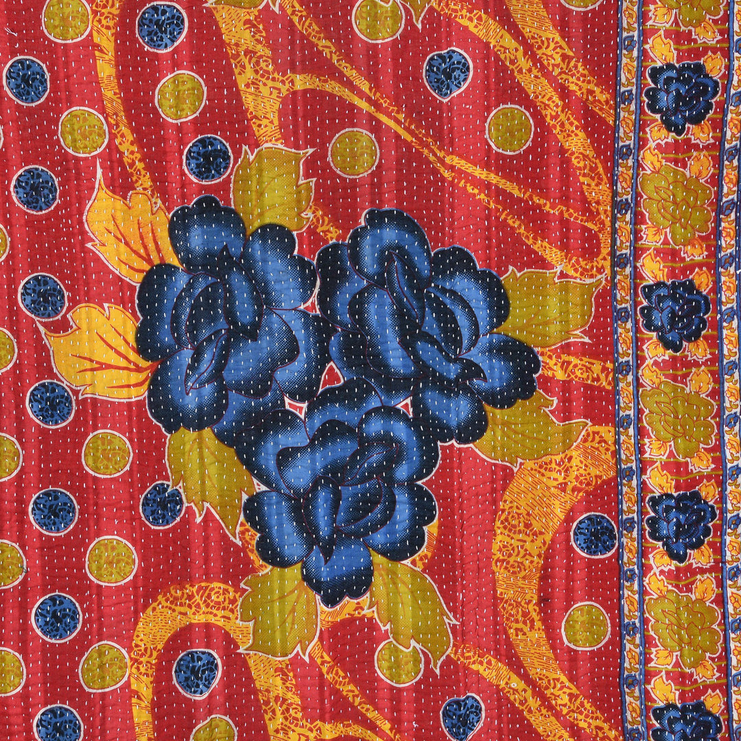 Vintage Indian Bengali Red Blue & Yellow Floral Kantha Throw | Indigo Antiques