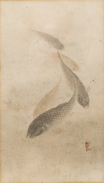 Framed Japanese Watercolour of Swimming Carp - 19thC