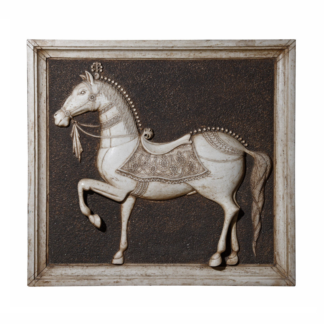 Hand Carved Marble Mughal Horse Panel From Rajasthan | INDIGO ANTIQUES