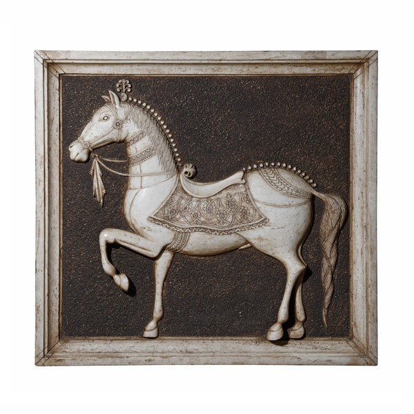 Hand Carved Marble Mughal Horse Panel From Rajasthan