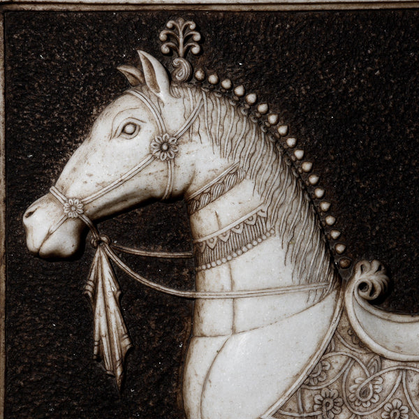 Hand Carved Marble Mughal Horse Panel From Rajasthan