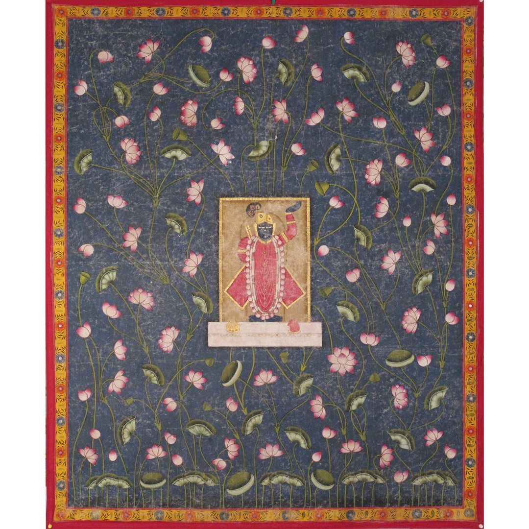 Shrinathji Pichwai On Lotus Background c. 75yrs from India | Indigo Oriental Antiques