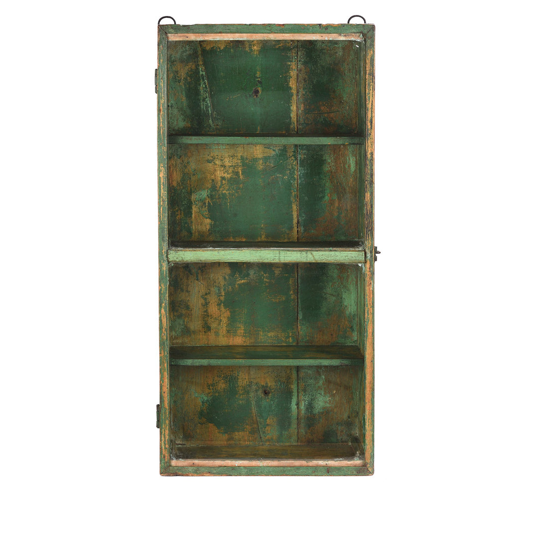 Vintage Green Painted Teak Glazed Wall Cabinet - Ca 1930 - 36 x 17 x 77 (wxdxh cms) - A00434