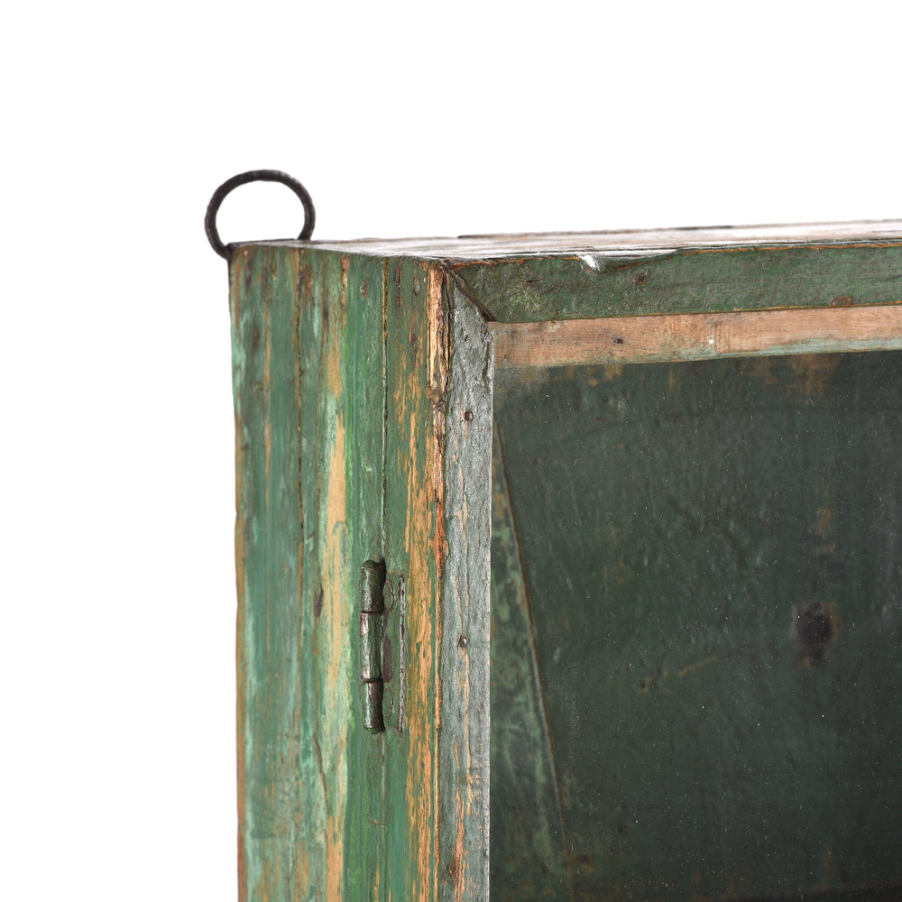 Vintage Green Painted Teak Glazed Wall Cabinet - Ca 1930 - 36 x 17 x 77 (wxdxh cms) - A00434