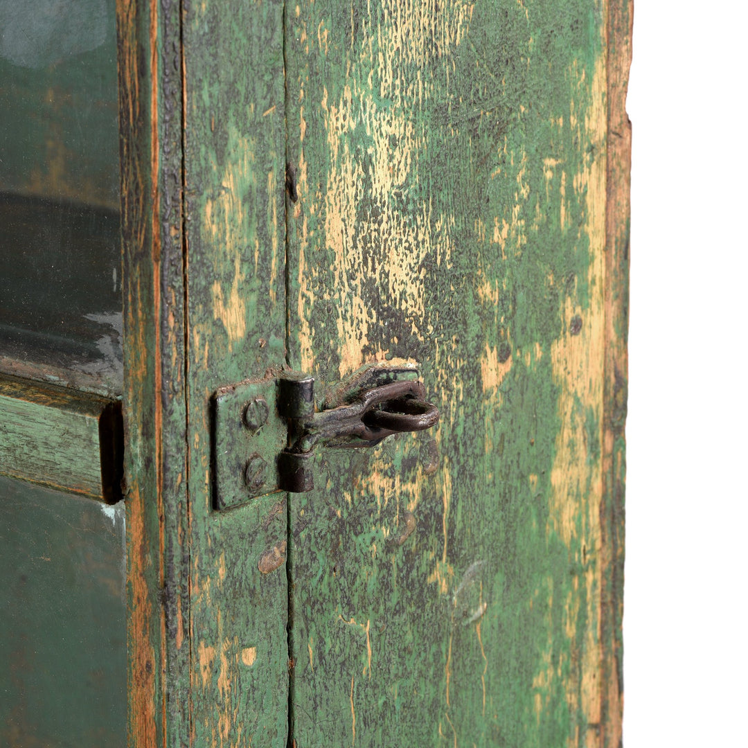 Vintage Green Painted Teak Glazed Wall Cabinet - Ca 1930 - 36 x 17 x 77 (wxdxh cms) - A00434