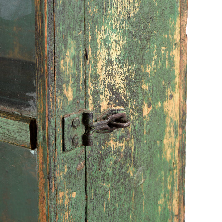 Vintage Green Painted Teak Glazed Wall Cabinet - Ca 1930 - 36 x 17 x 77 (wxdxh cms) - A00434