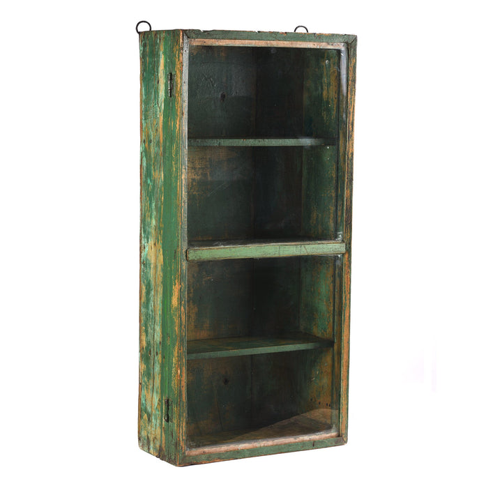 Vintage Green Painted Teak Glazed Wall Cabinet - Ca 1930 - 36 x 17 x 77 (wxdxh cms) - A00434