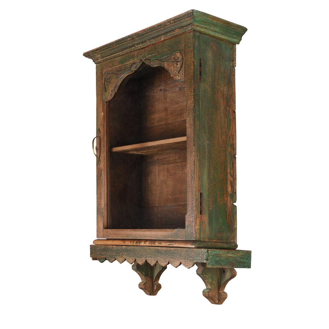 Vintage Green Crackle Painted Teak Indian Glazed Wall Cabinet - Ca 1930 | Indigo Antiques