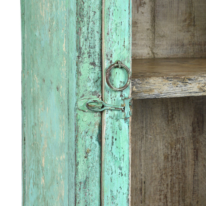 Latch Detail Of Painted Teak Glazed Wall Cabinet - Ca 1930 | Indigo Antiques